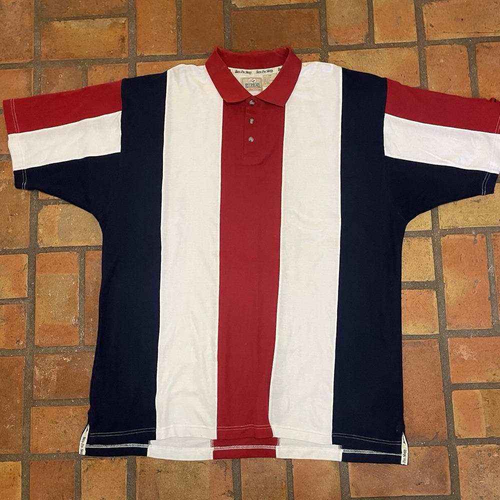 Bass Pro Shops Men's RedHead Polo Shirt 2XL XXL S/S Striped Red White Navy